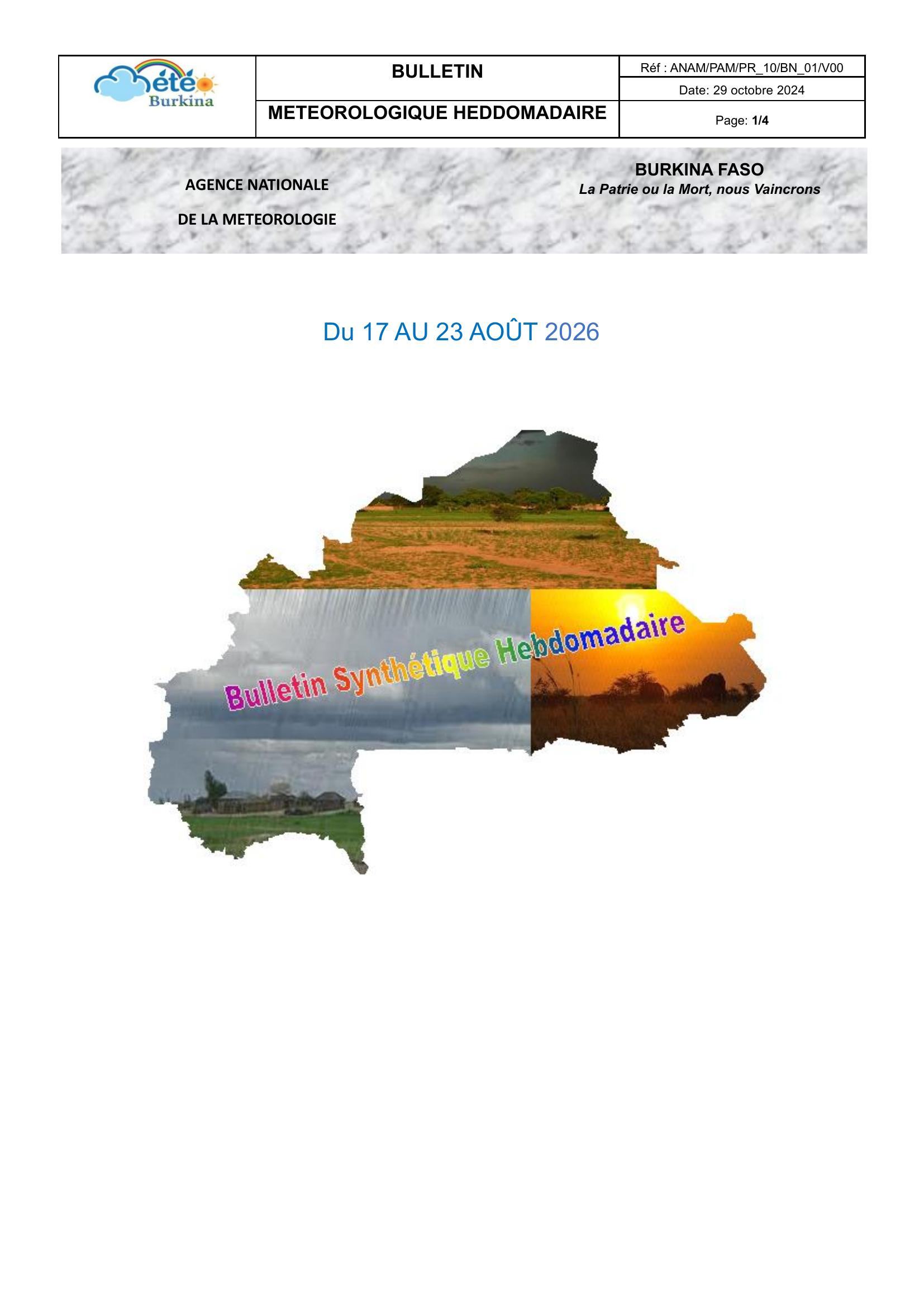 Bulletin météorologique hebdomadaire du 17 au 23 août 2026